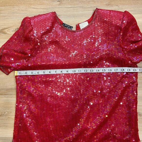 JEAN for JOSEPH Le BON Red Vintage Sequin Women’s Silk Formal Blouse Size Small - Picture 8 of 9